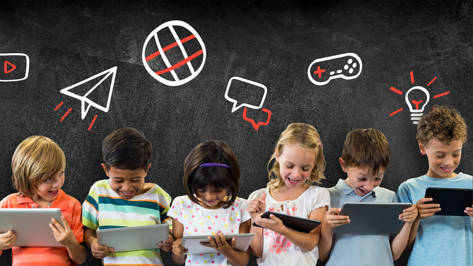 imcEDU hero image with children on devices and drawings