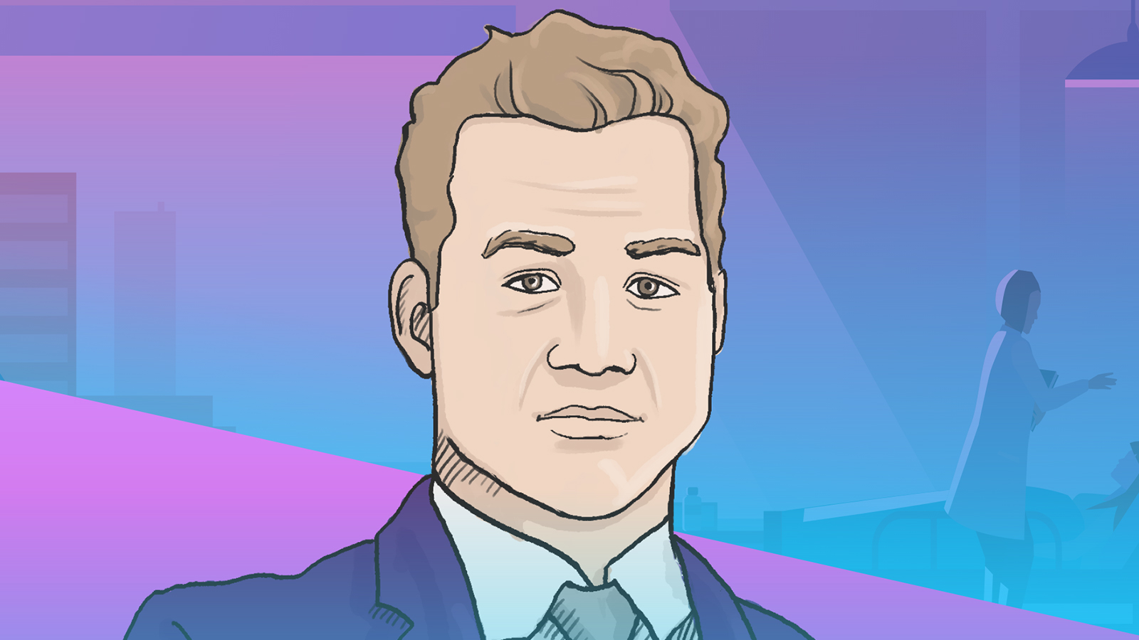 suited man stands in front of medical scene