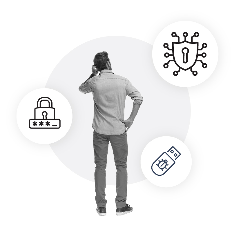 man looking at cybersecurity aspects