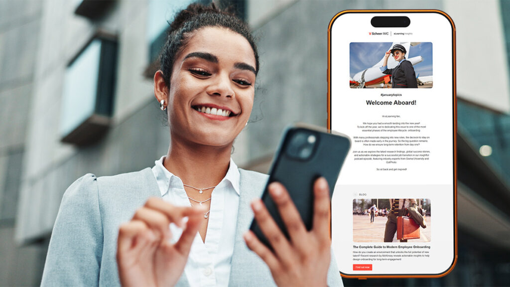 Header showing a person looking at the eLearning Insights newsletter on their phone